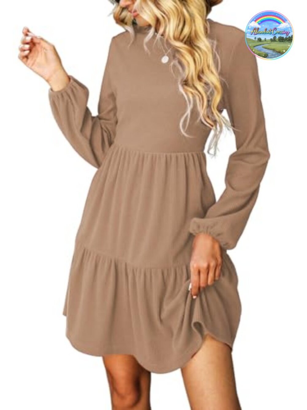 Bishop Sleeve Crew Neck Sweater Mini Dress Ribbed Knit Babydoll